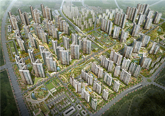 리조트 도시 시즌2 왕길역 로열파크씨티 푸르지오 총 1만 3000가구 전체 조감도. <DK도시개발 제공>